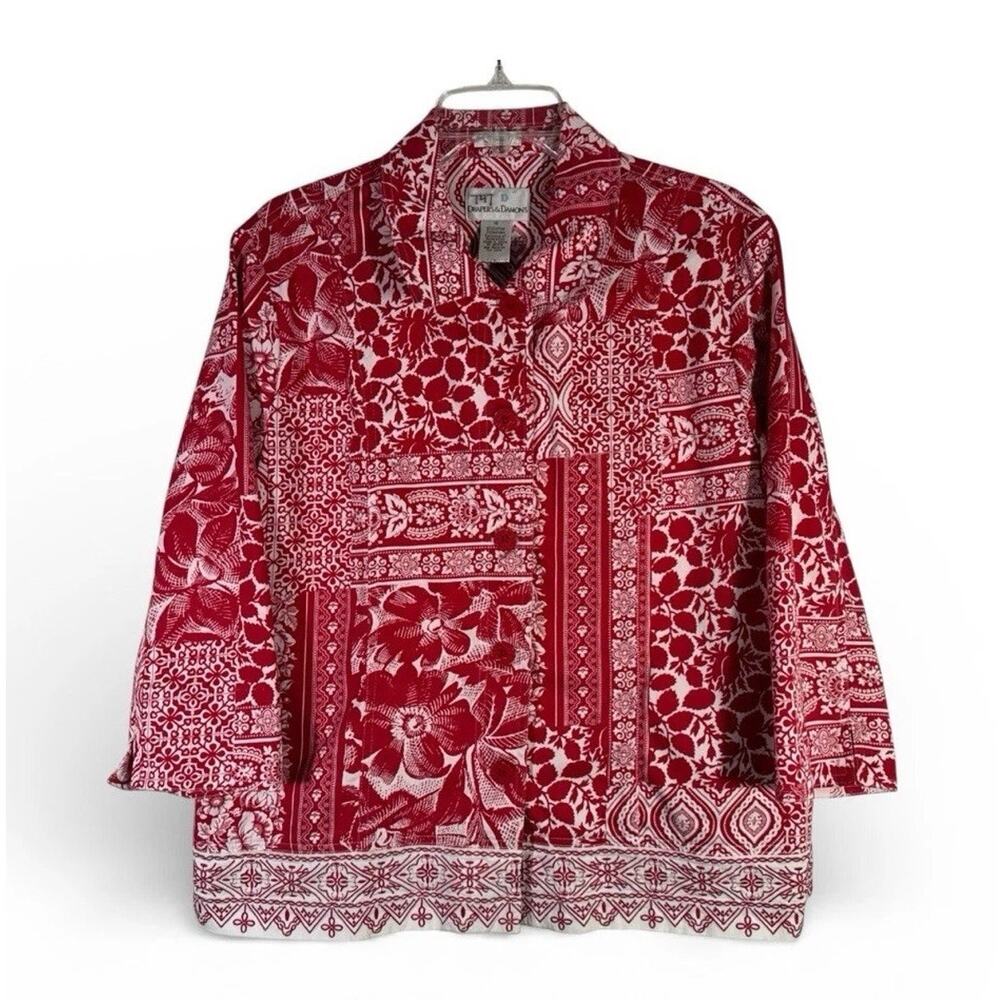 Drapers Damons Jacket Womens 16 Red Patchwork Cotton Spandex Button Up Shirt VTG